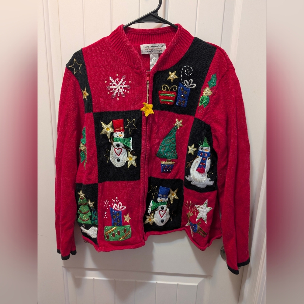 Vintage Ugly CHRISTMAS Sweater Cardigan Tiara Sz XL Beaded Snowmen. Embroidered.